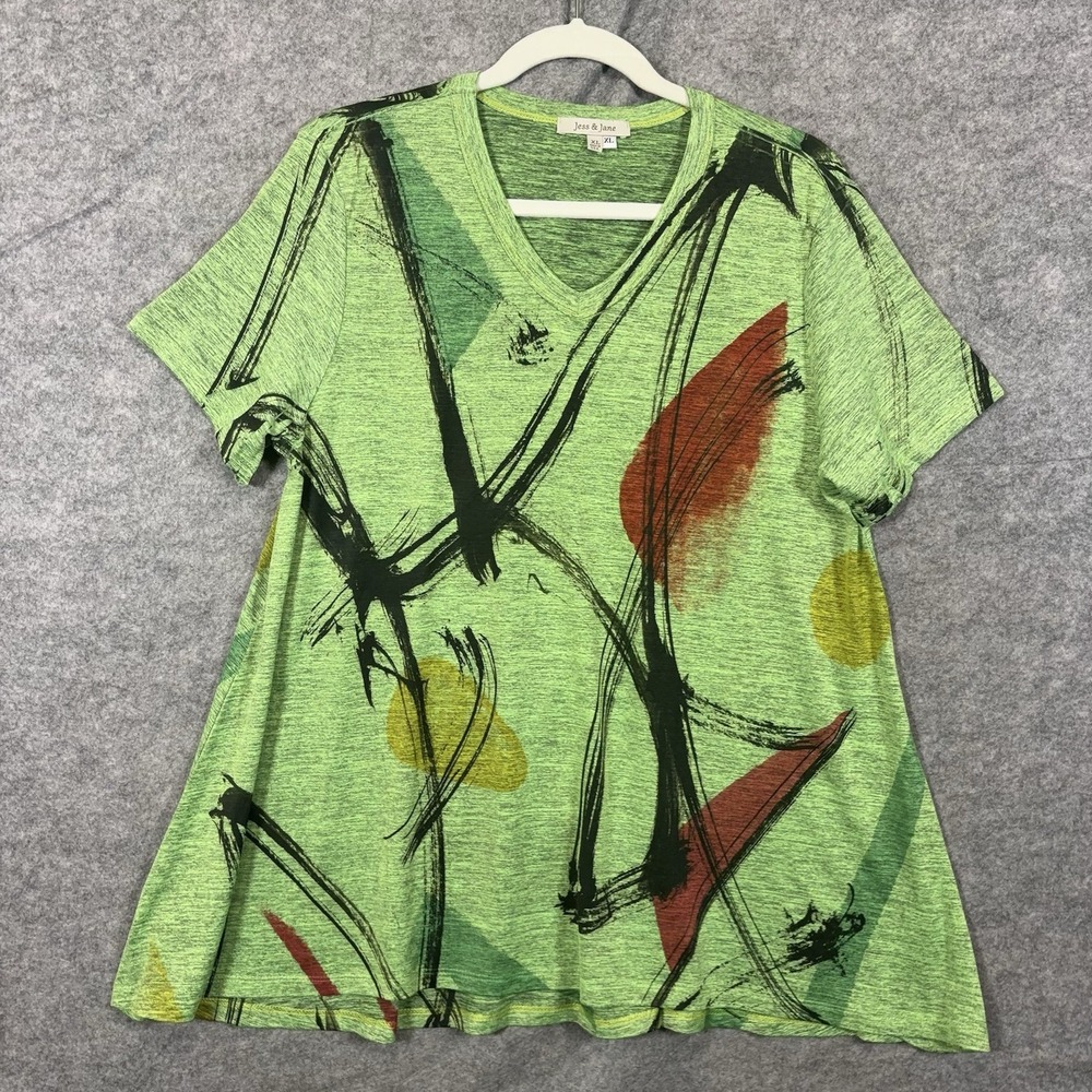 Jess & Jane Tunic Blouse Womens Sz XL Green Abstract Print Colorful Stretch